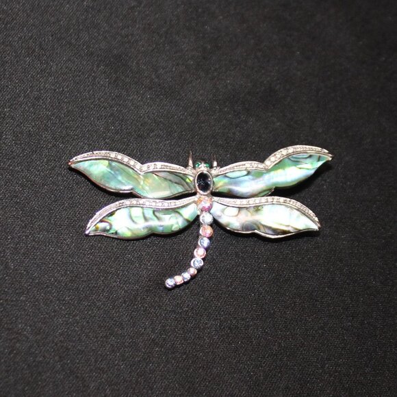 Vintage Abalone Dragonfly Brooch w/Rhinestones - Picture 7 of 9